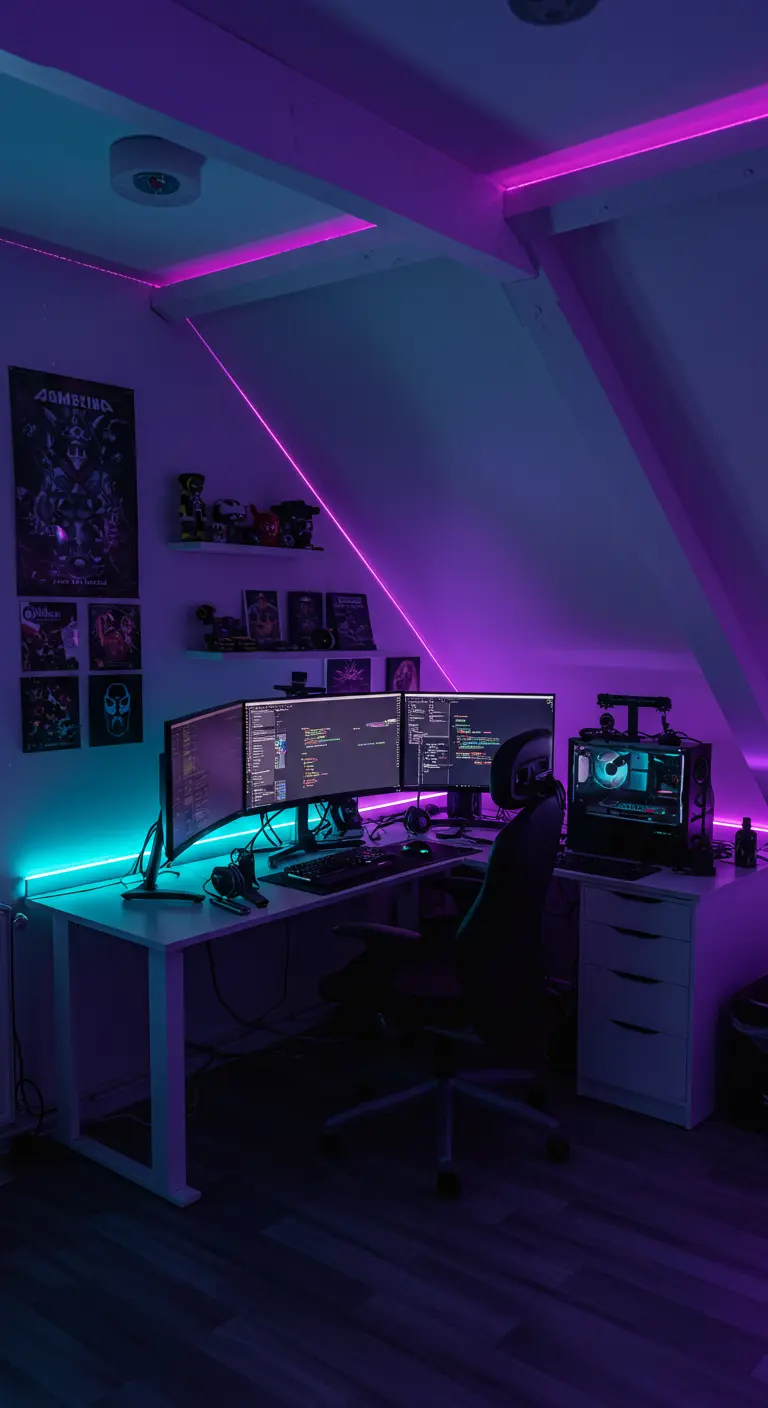 Espacio de videojuegos en un ático con techos inclinados iluminados por luces LED moradas.