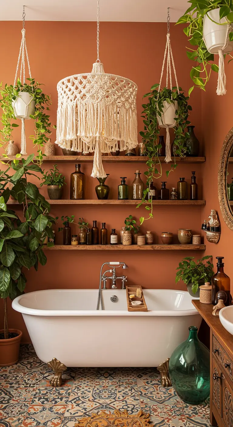 Baño bohemio con paredes terracota, plantas y una gran lámpara de macramé