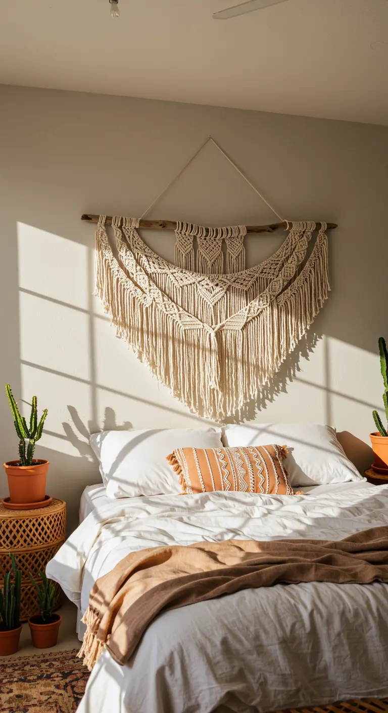 Gran tapiz de macramé colgado sobre una cama con ropa de cama blanca y cojines en tonos tierra.