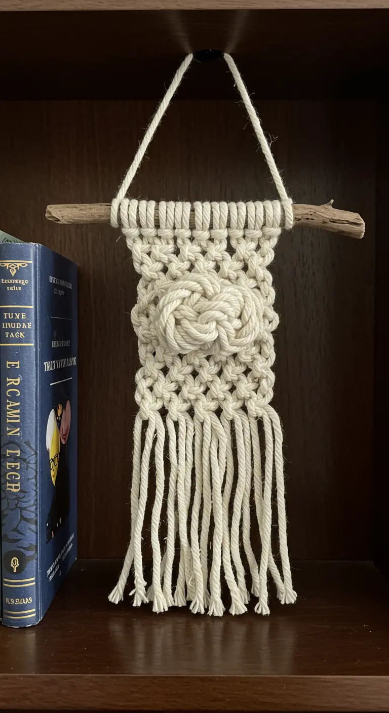 Mini tapiz de macramé con un nudo celta en el centro, colgado dentro de una estantería oscura.