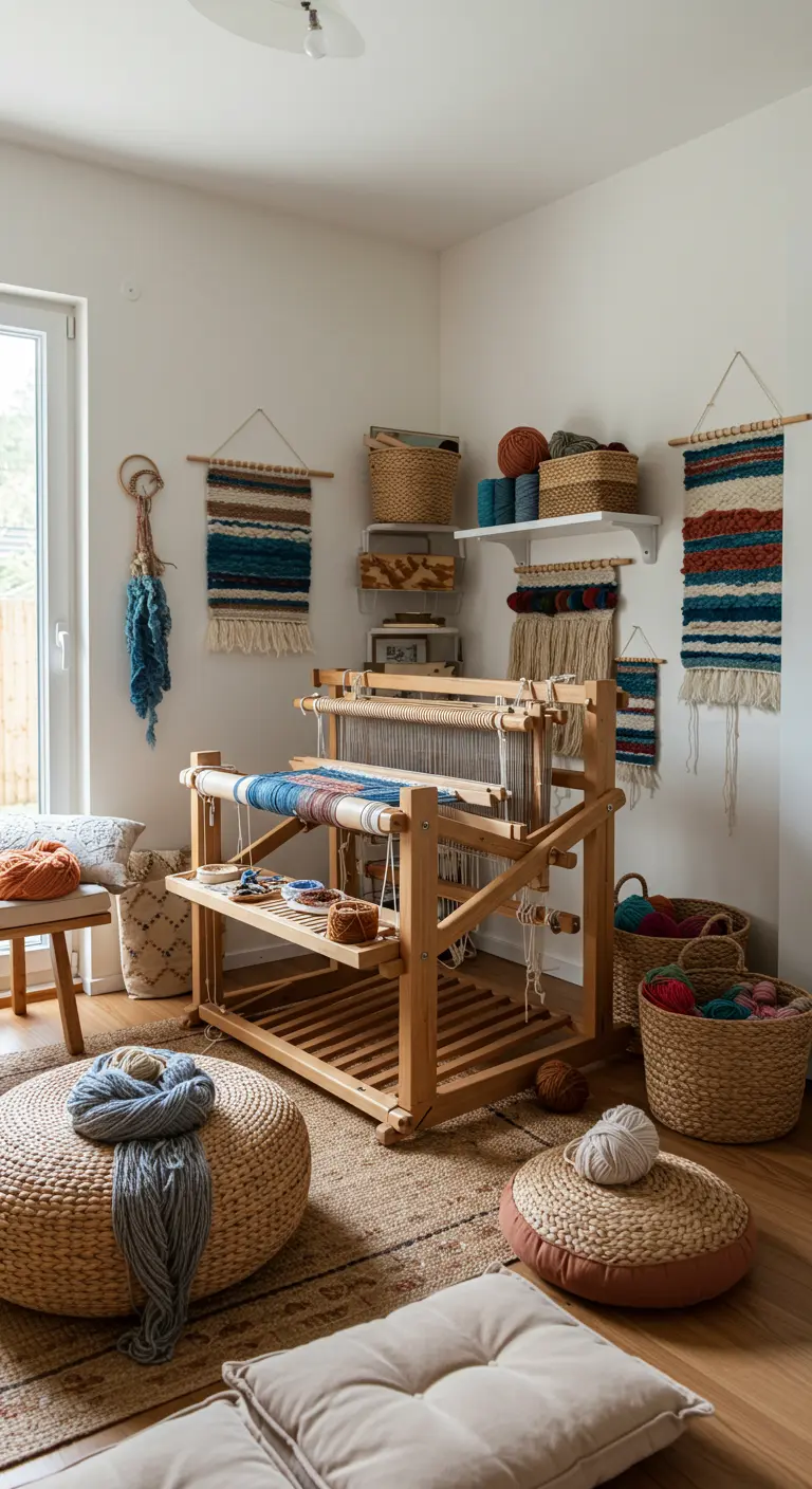 Rincón de tejido con un telar de madera, tapices de macramé en la pared y cestas de mimbre.