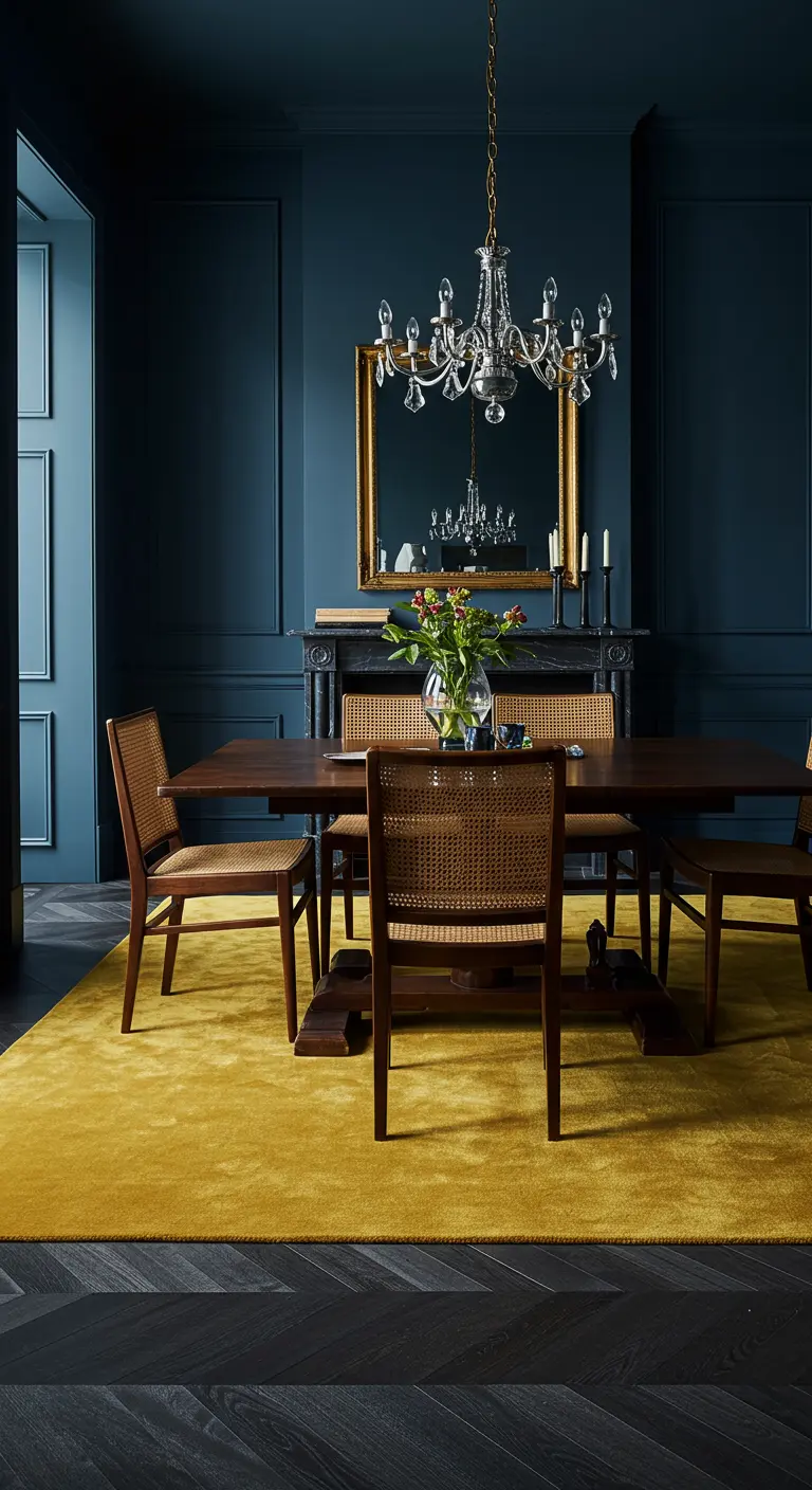 Comedor con paredes azul oscuro, sillas de rejilla y una vibrante alfombra amarilla.