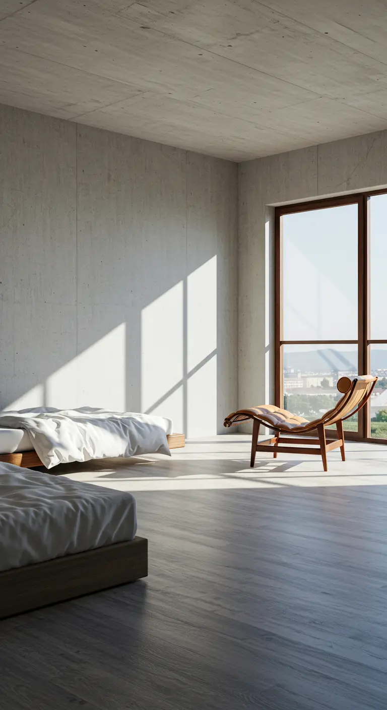 Dormitorio minimalista con paredes de hormigón, camas bajas y un gran ventanal.