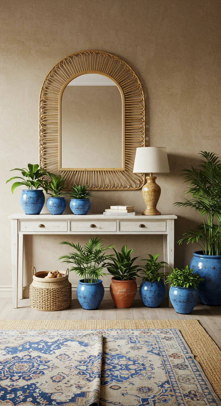 Consola blanca con un espejo de ratán y una colección de plantas en macetas de cerámica azul.