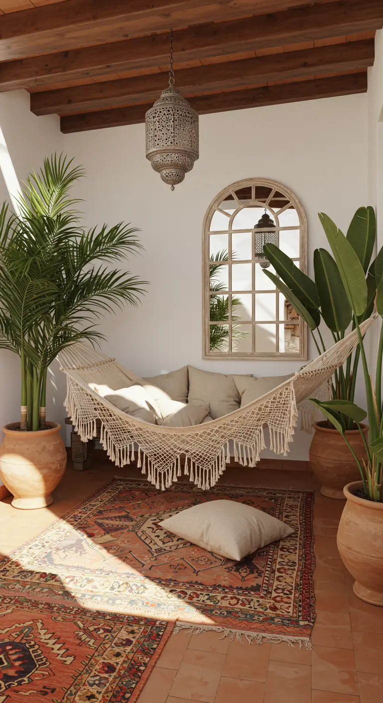Rincón de terraza con una hamaca de macramé, una alfombra persa y grandes plantas en macetas de barro.