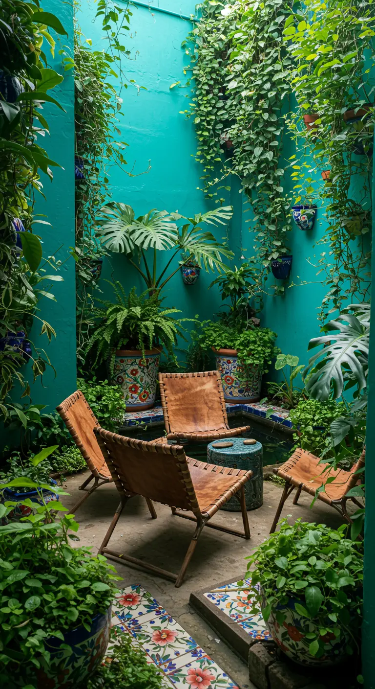 Patio interior con paredes verde azulado, lleno de plantas y sillas de cuero.