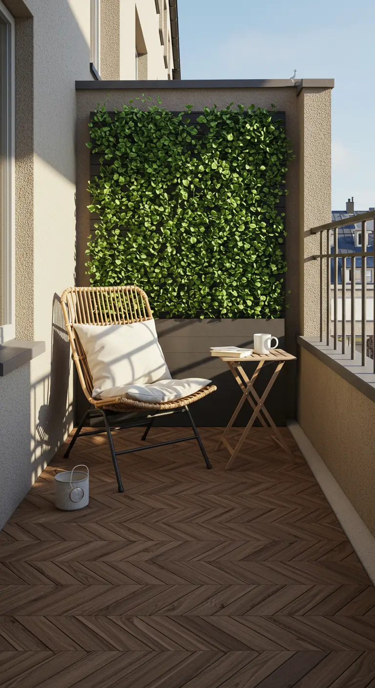 Balcón con suelo de madera, silla de ratán, mesa plegable y un jardín vertical en la pared.