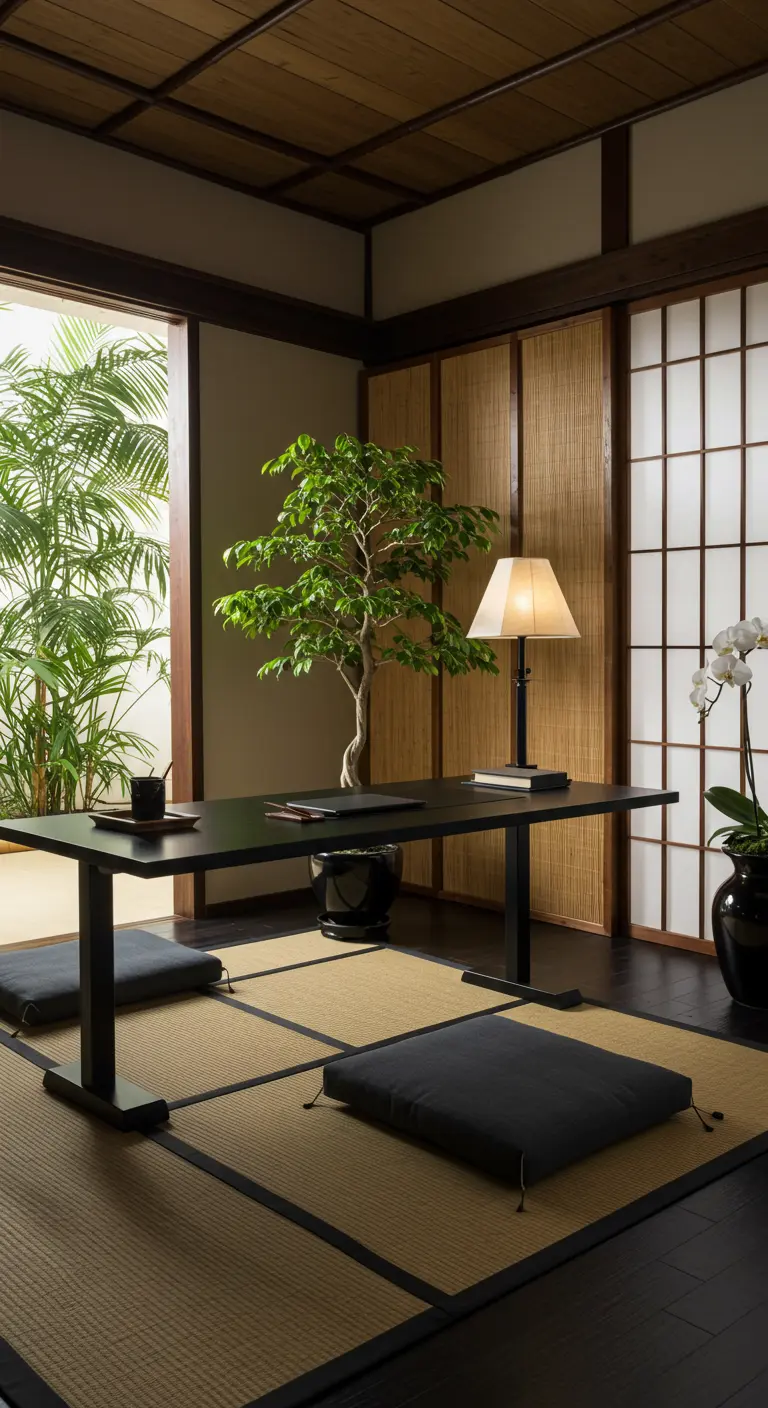 Oficina de inspiración japonesa con escritorio bajo, cojines en el suelo y un árbol bonsái.