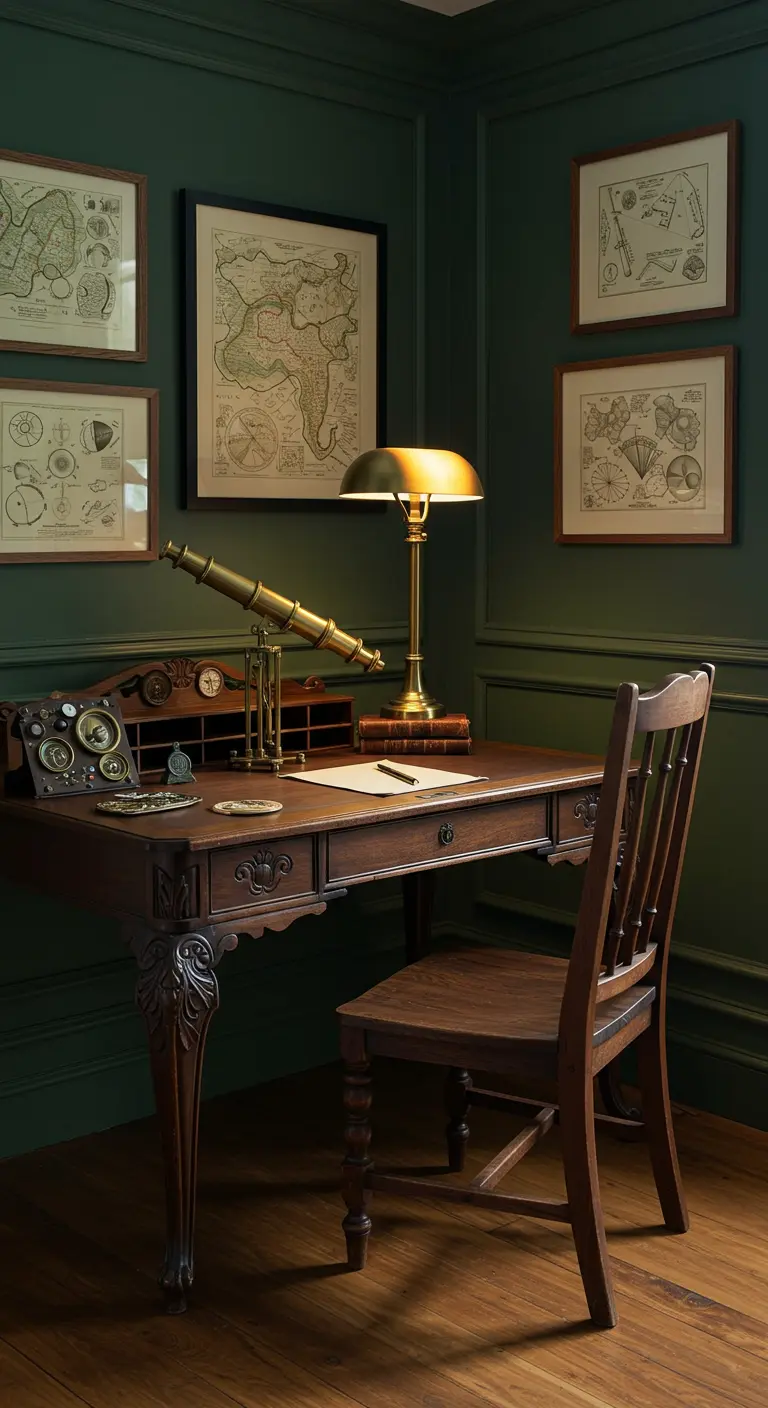 Escritorio de madera tallada en una habitación verde oscuro, con mapas, un telescopio y una lámpara dorada.