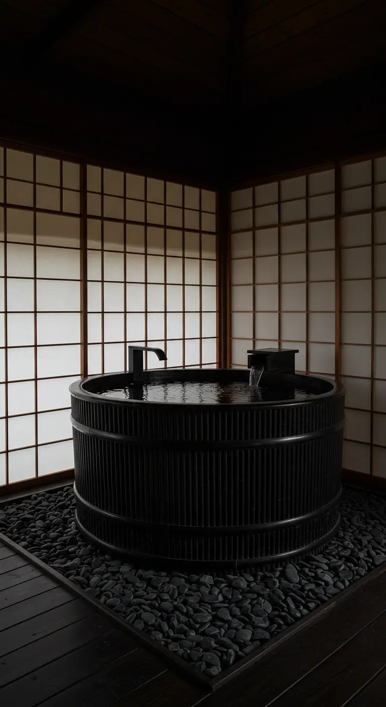 Bañera redonda y profunda de estilo japonés hecha de bambú oscuro en un entorno minimalista.