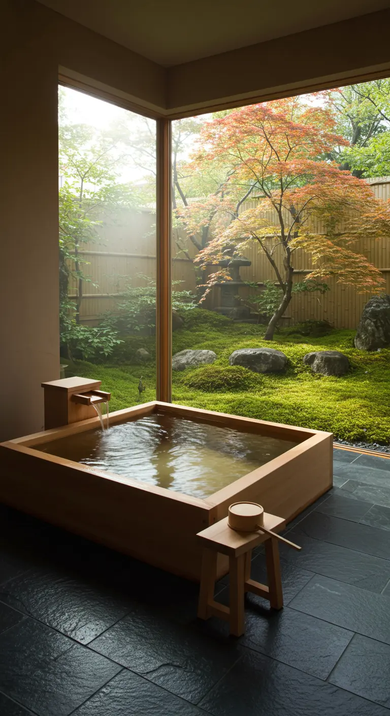 Bañera de madera japonesa con vistas a un jardín zen con arce rojo.