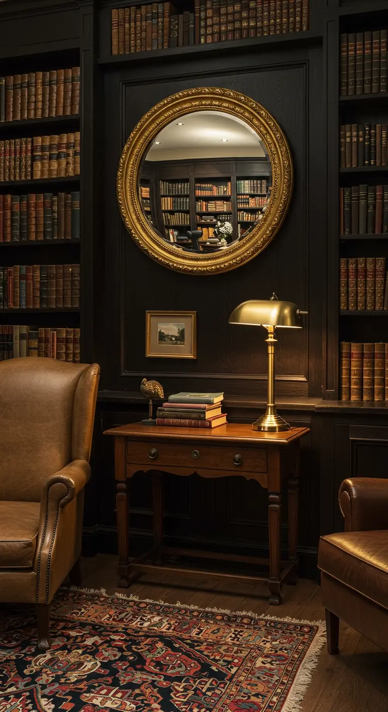 Espejo convexo con marco dorado en una biblioteca con paneles de madera oscura
