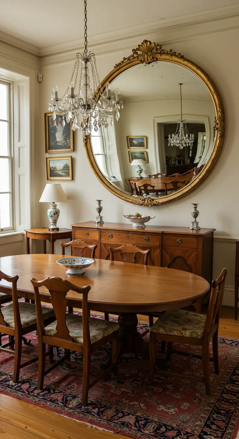 Comedor tradicional con un gran espejo convexo dorado sobre un aparador de madera