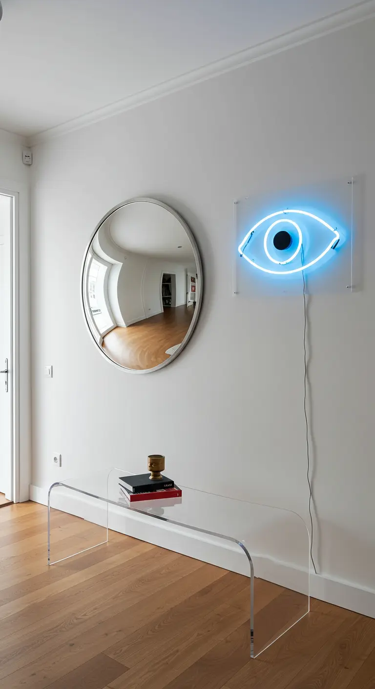 Pared blanca con un espejo convexo y un letrero de neón azul en forma de ojo sobre un banco acrílico.