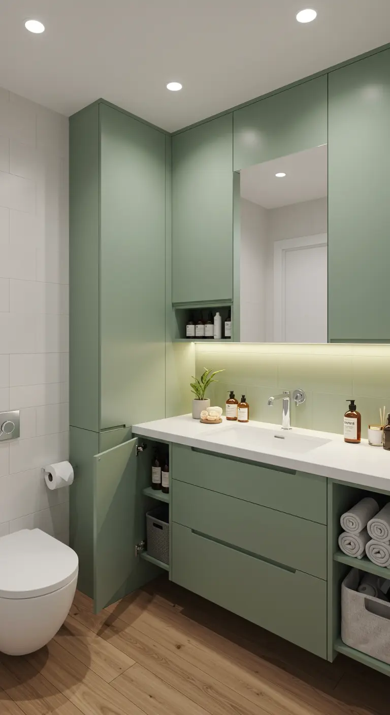 Baño con armarios de suelo a techo en color verde salvia y suelo de madera