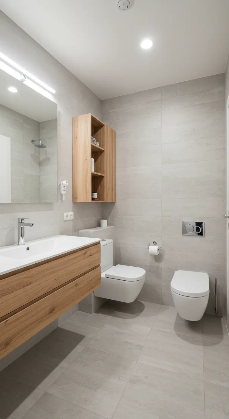 Baño de estilo escandinavo con sanitarios suspendidos, mueble de madera clara y azulejos grises.