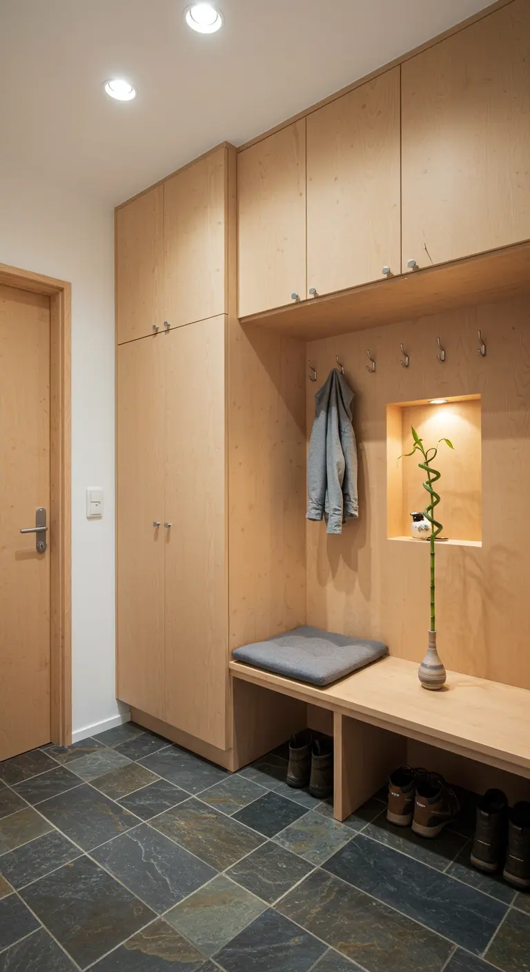 Mueble de entrada de madera clara a medida con armarios, percheros y banco.