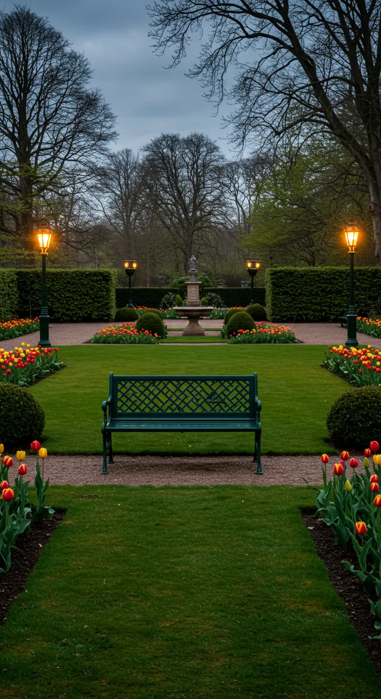 Jardín formal con un banco verde centrado, parterres de tulipanes y farolas de estilo antiguo