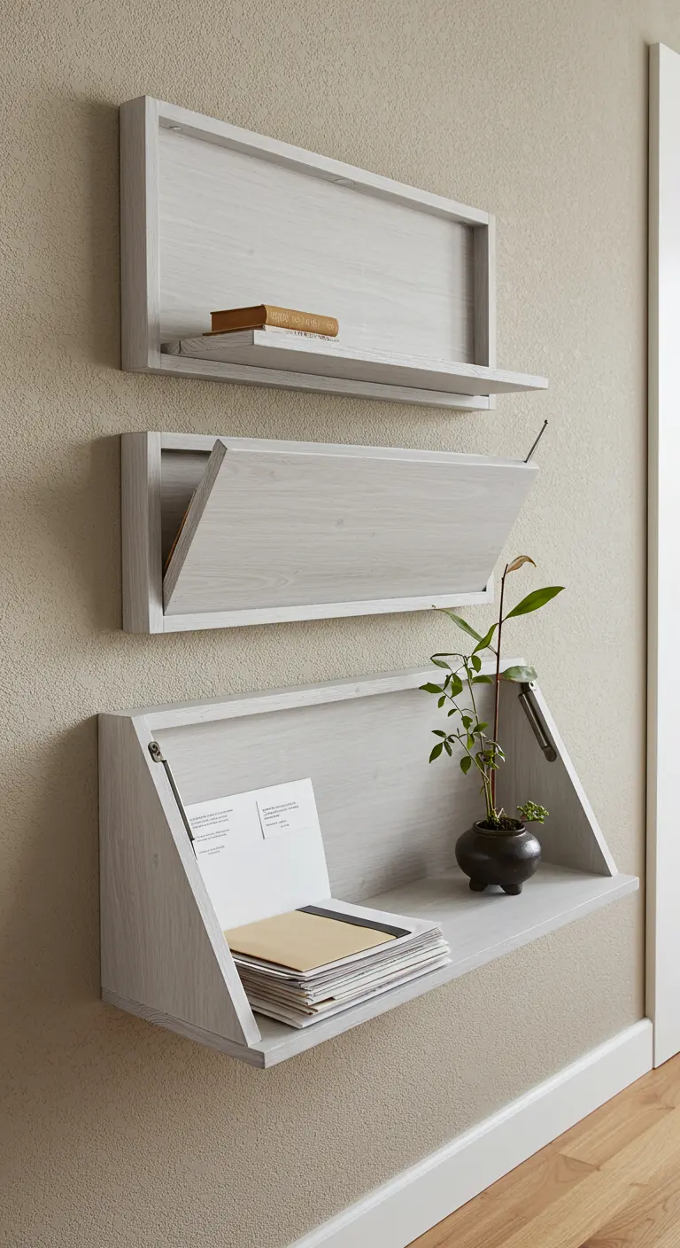 Tres estanterías de pared abatibles de madera clara, una de ellas abierta.