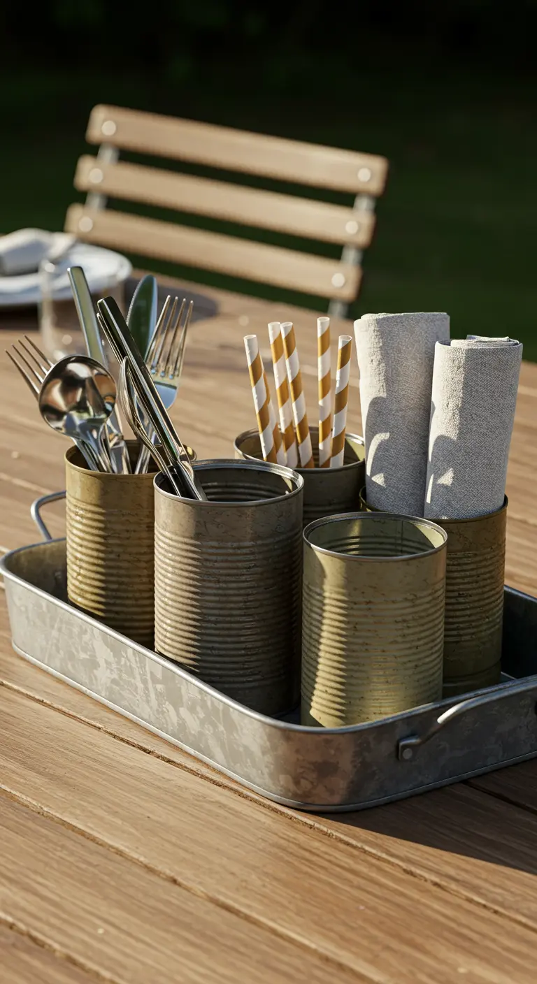 Bandeja metálica con latas de conserva recicladas para organizar cubiertos, servilletas y pajitas.