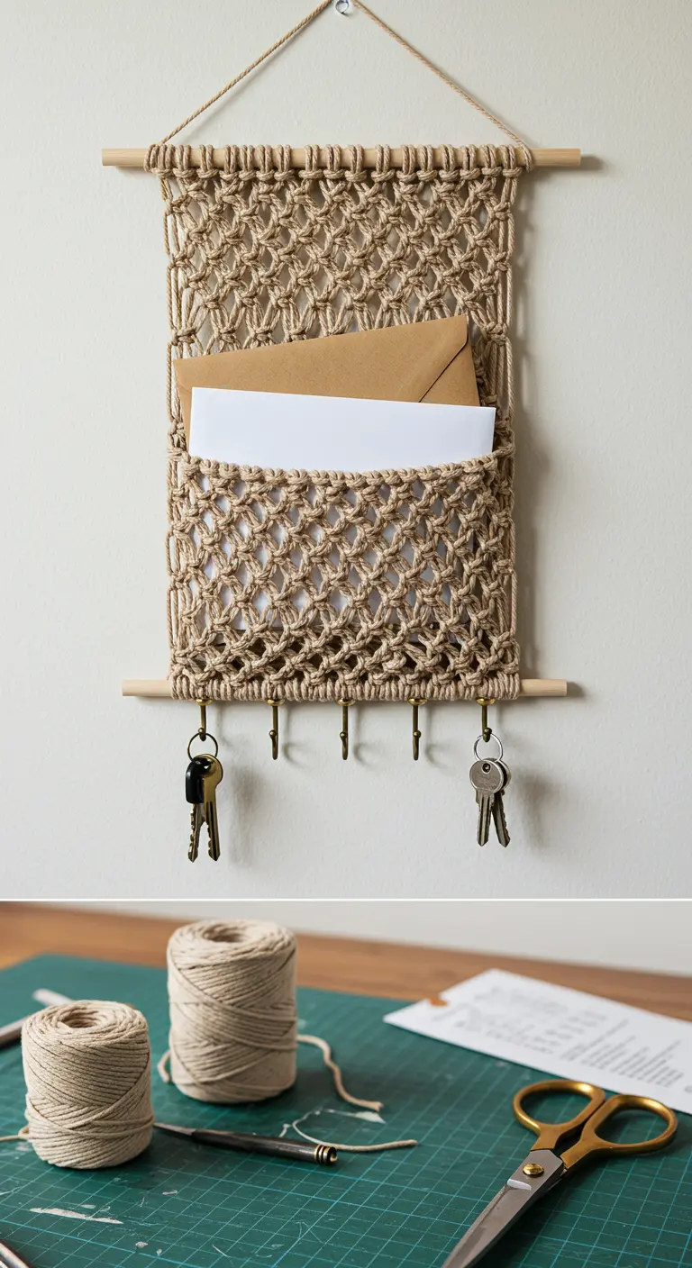 Organizador de pared de macramé con un bolsillo para cartas y ganchos para llaves