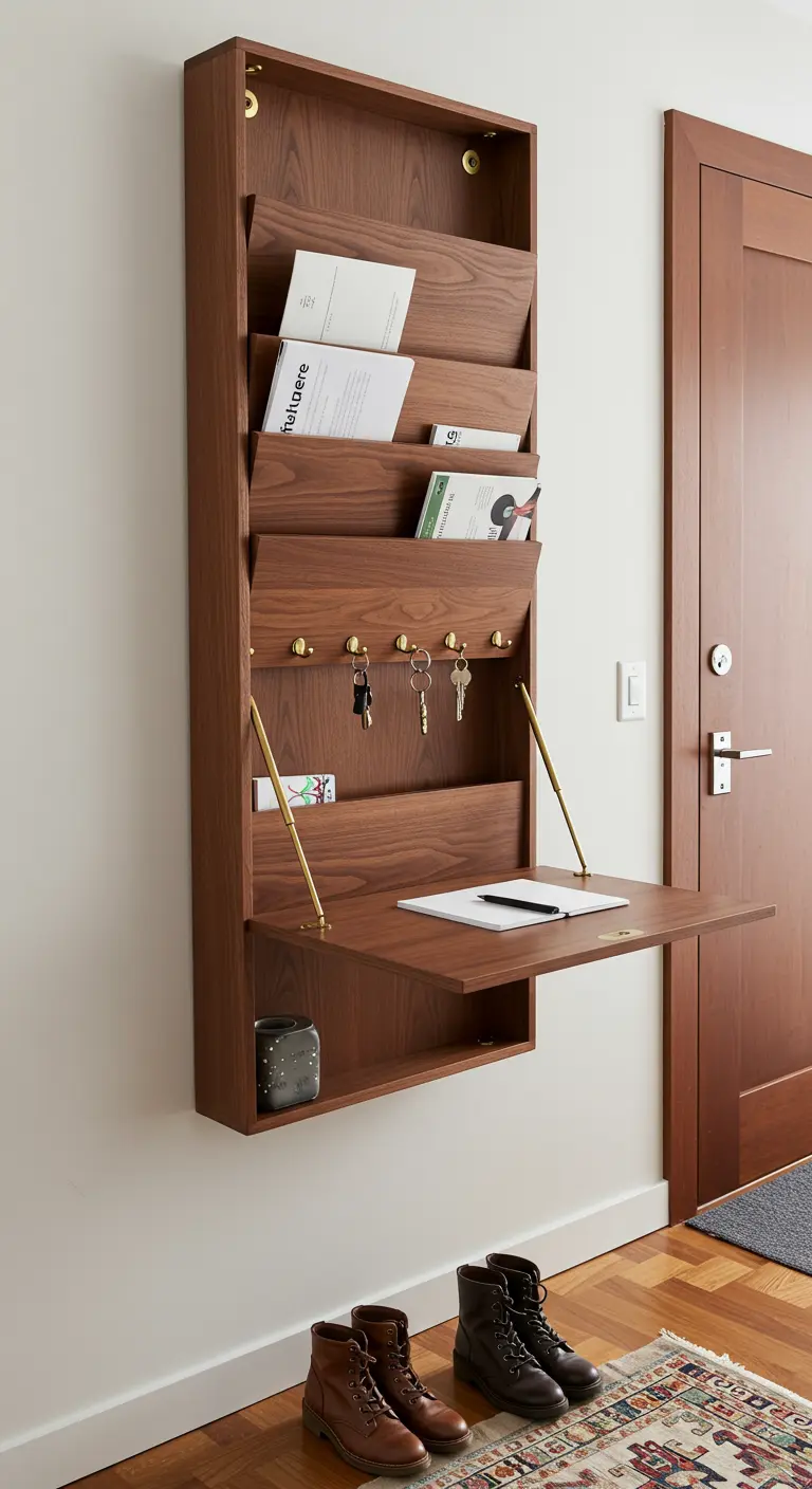 Organizador de pared de madera de nogal con escritorio abatible, colgadores para llaves y revisteros.