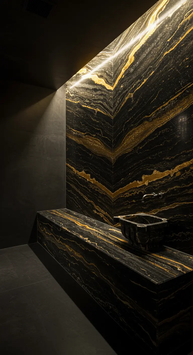Baño de lujo con paredes y banco de mármol negro con vetas doradas e iluminación indirecta