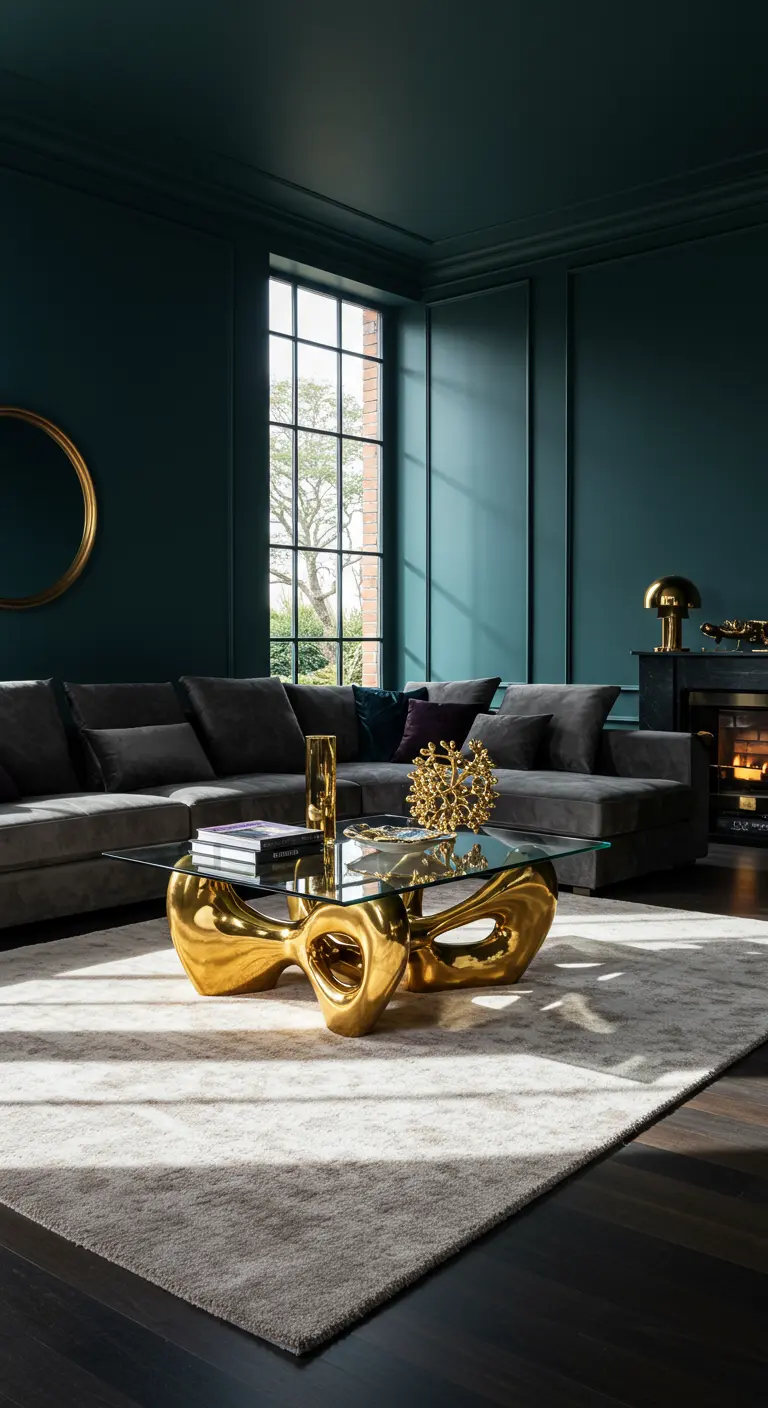 Sala de estar oscura y elegante con una mesa de centro dorada escultural y sofá gris.