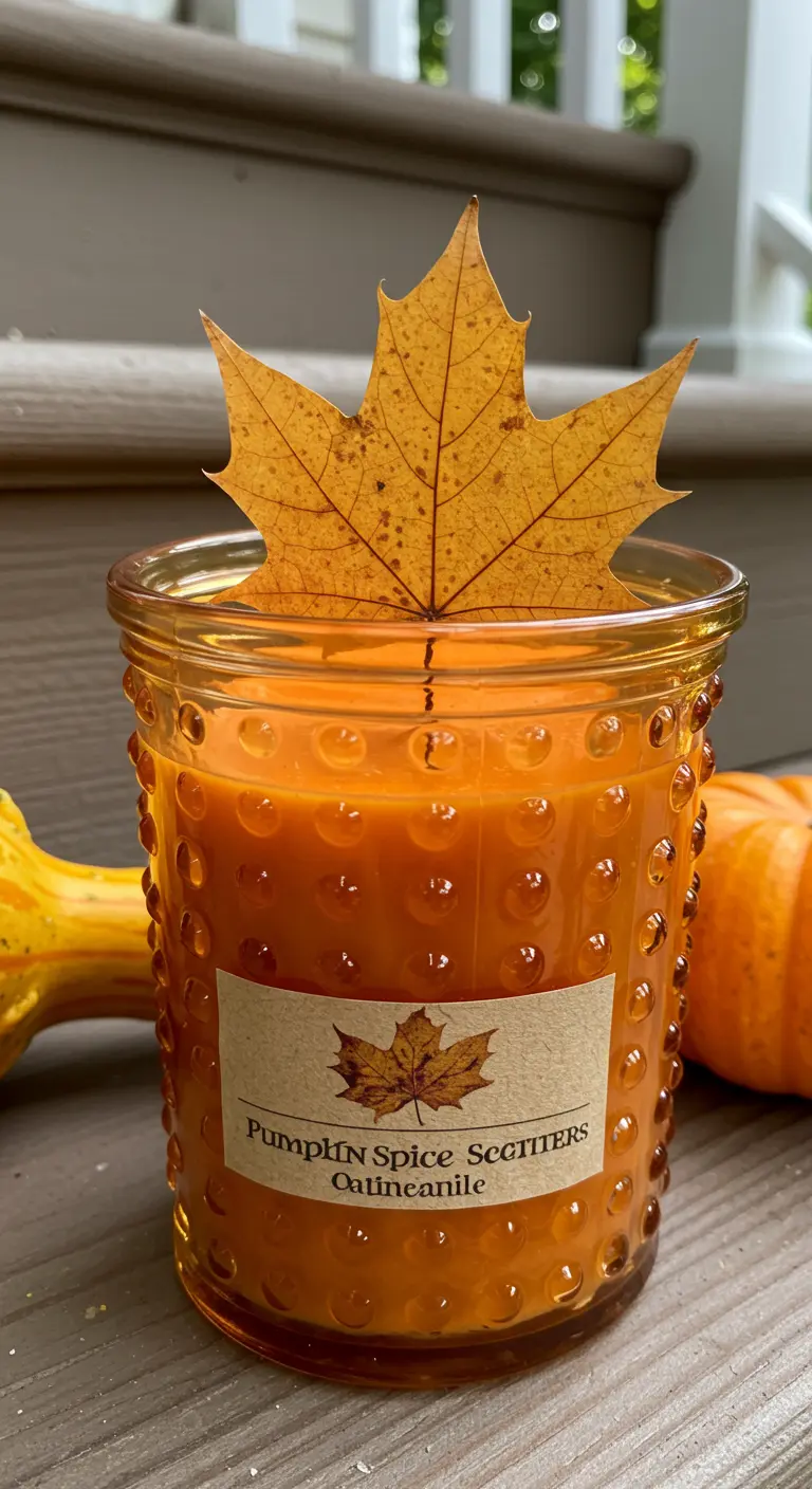 Vela naranja en un frasco de vidrio texturizado con una etiqueta de Pumpkin Spice