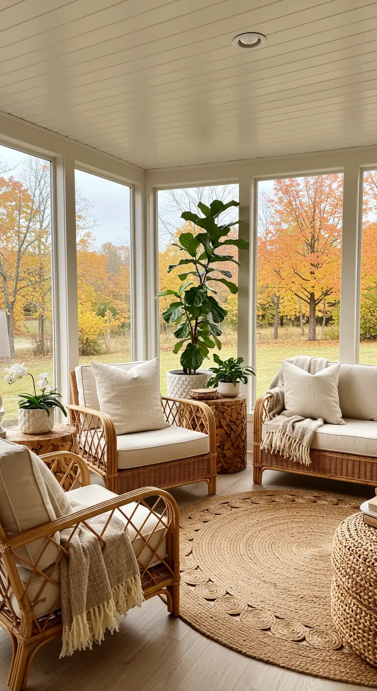 Terraza acristalada con muebles de ratán, cojines blancos y vistas a un paisaje otoñal