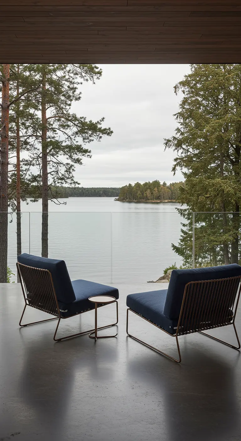 Dos sillones modernos de metal con vistas a un lago tranquilo a través de un barandal de vidrio