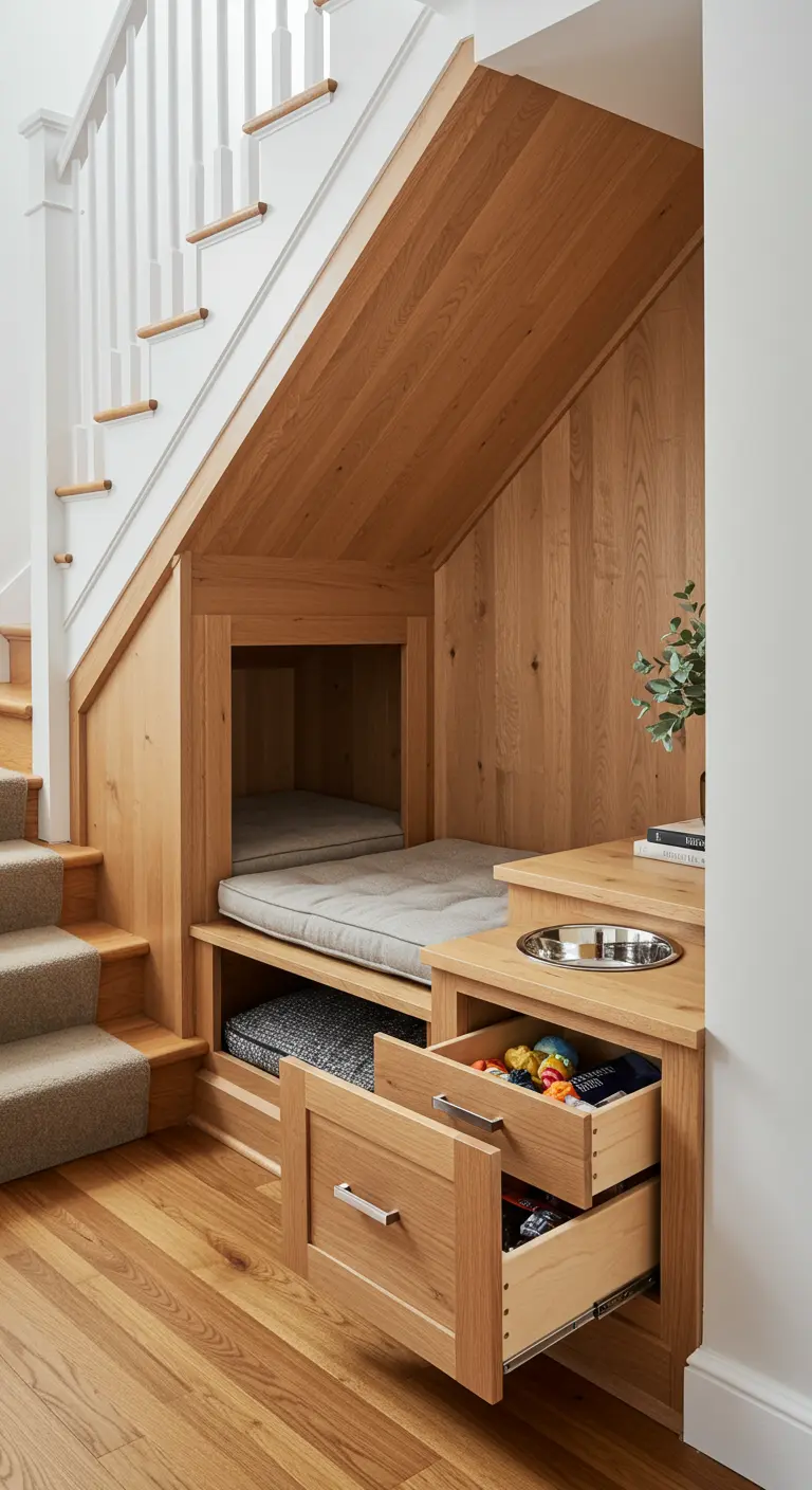 Rincón para mascota bajo la escalera con cama integrada y cajones para juguetes