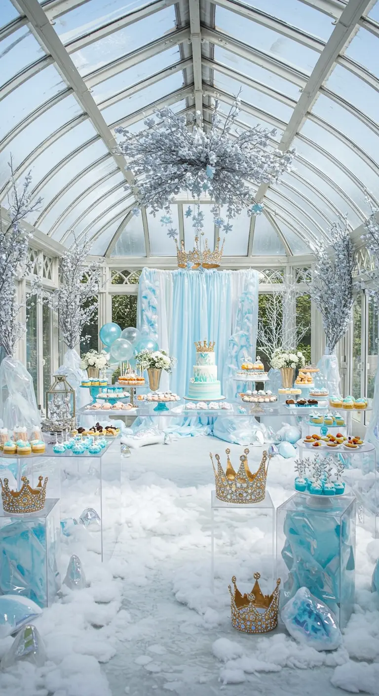 Fiesta temática de princesa de hielo con decoración azul claro, blanca y plateada.
