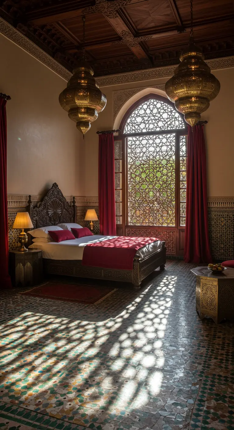 Dormitorio árabe con cama de madera tallada, lámparas de latón y ventana con celosía
