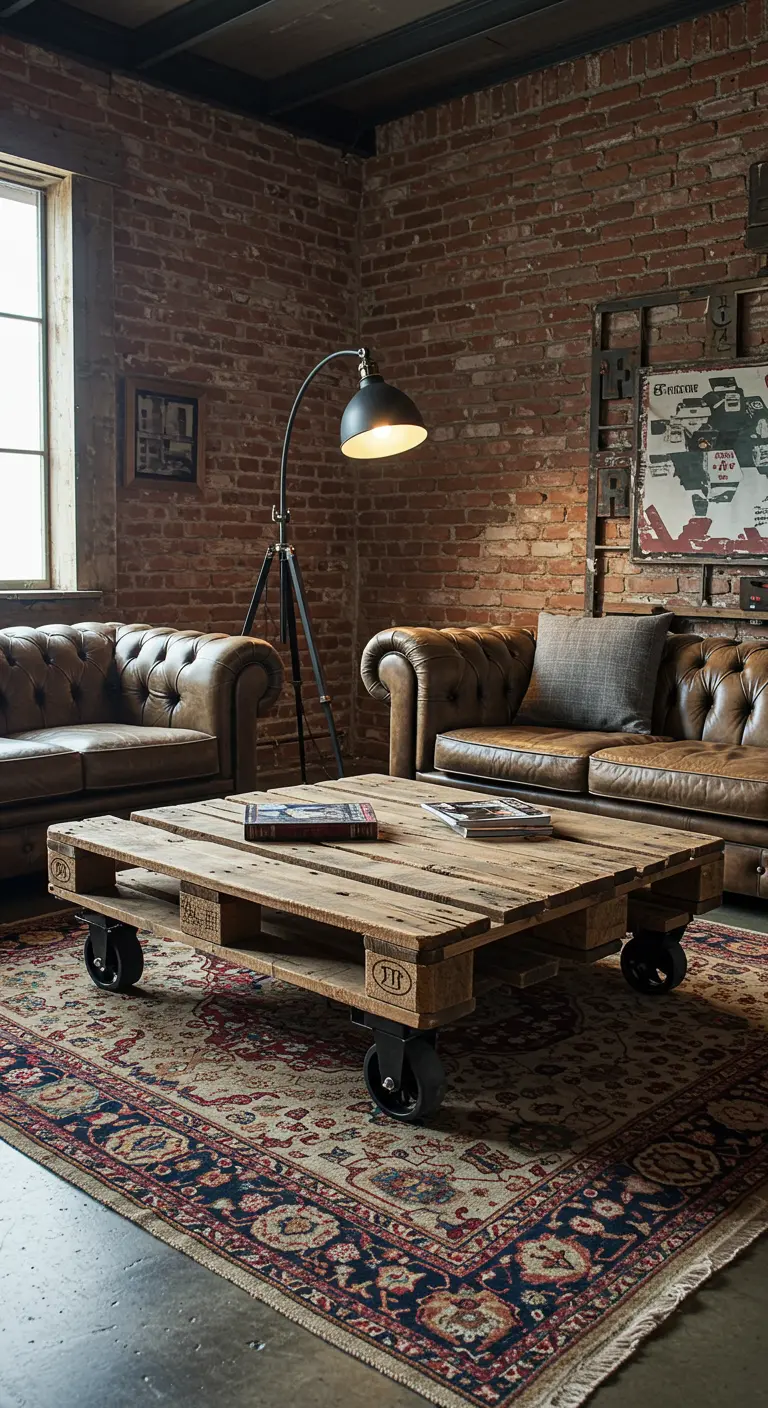 Mesa de centro hecha con un palé de madera y ruedas industriales en una sala de estilo loft.