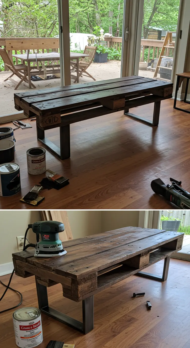 Mesa de centro hecha con un palet de madera lijado y teñido, con patas metálicas cuadradas.