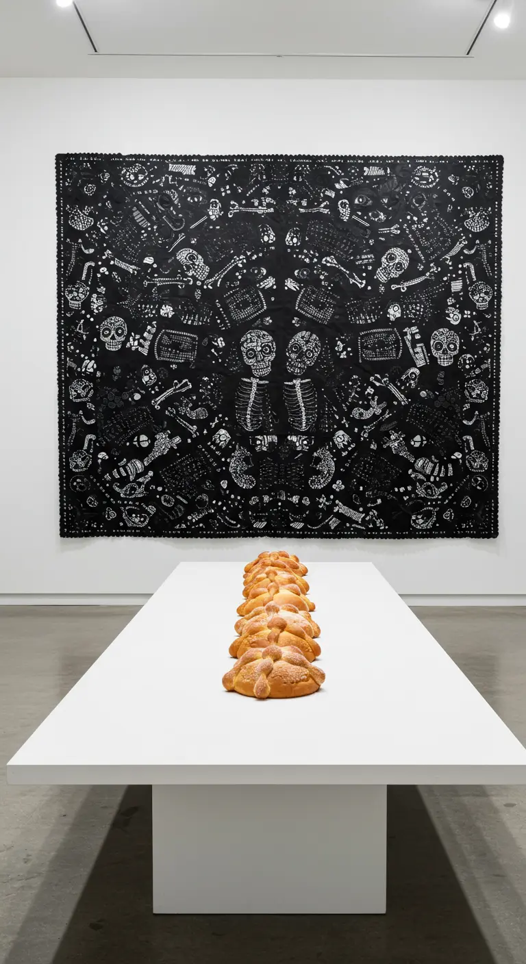 Panes de muerto alineados en una mesa blanca minimalista frente a un gran papel picado negro.