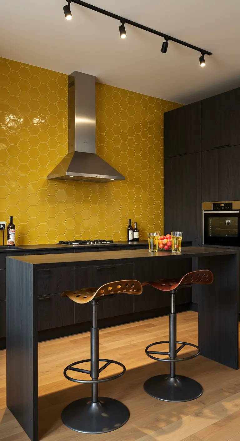 Cocina con salpicadero de azulejos hexagonales mostaza y muebles negros.