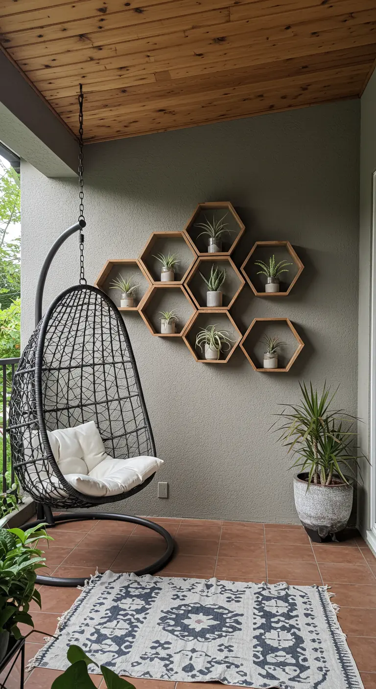 Estanterías hexagonales de madera en una pared de balcón con pequeñas plantas de aire.