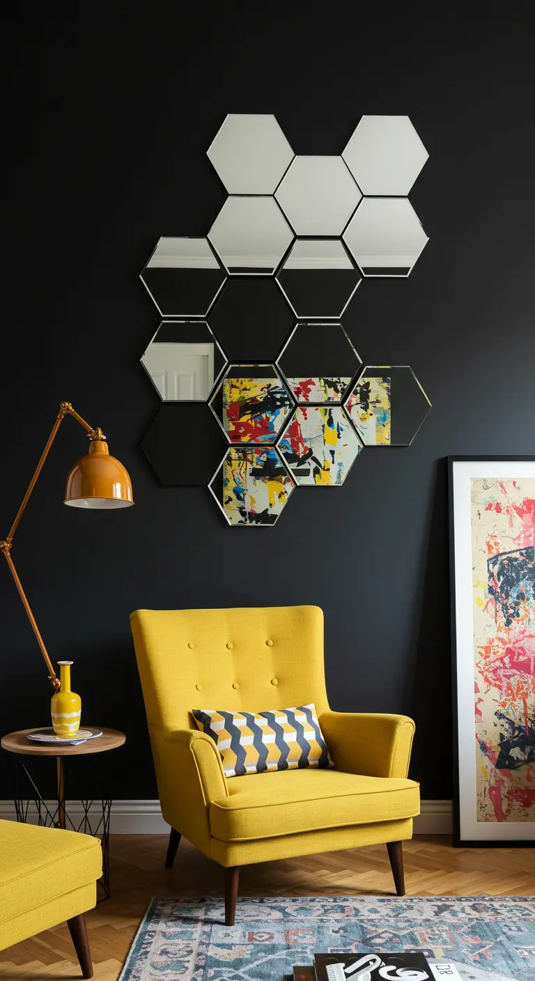 Composición de espejos hexagonales en una pared negra sobre un sillón amarillo vibrante