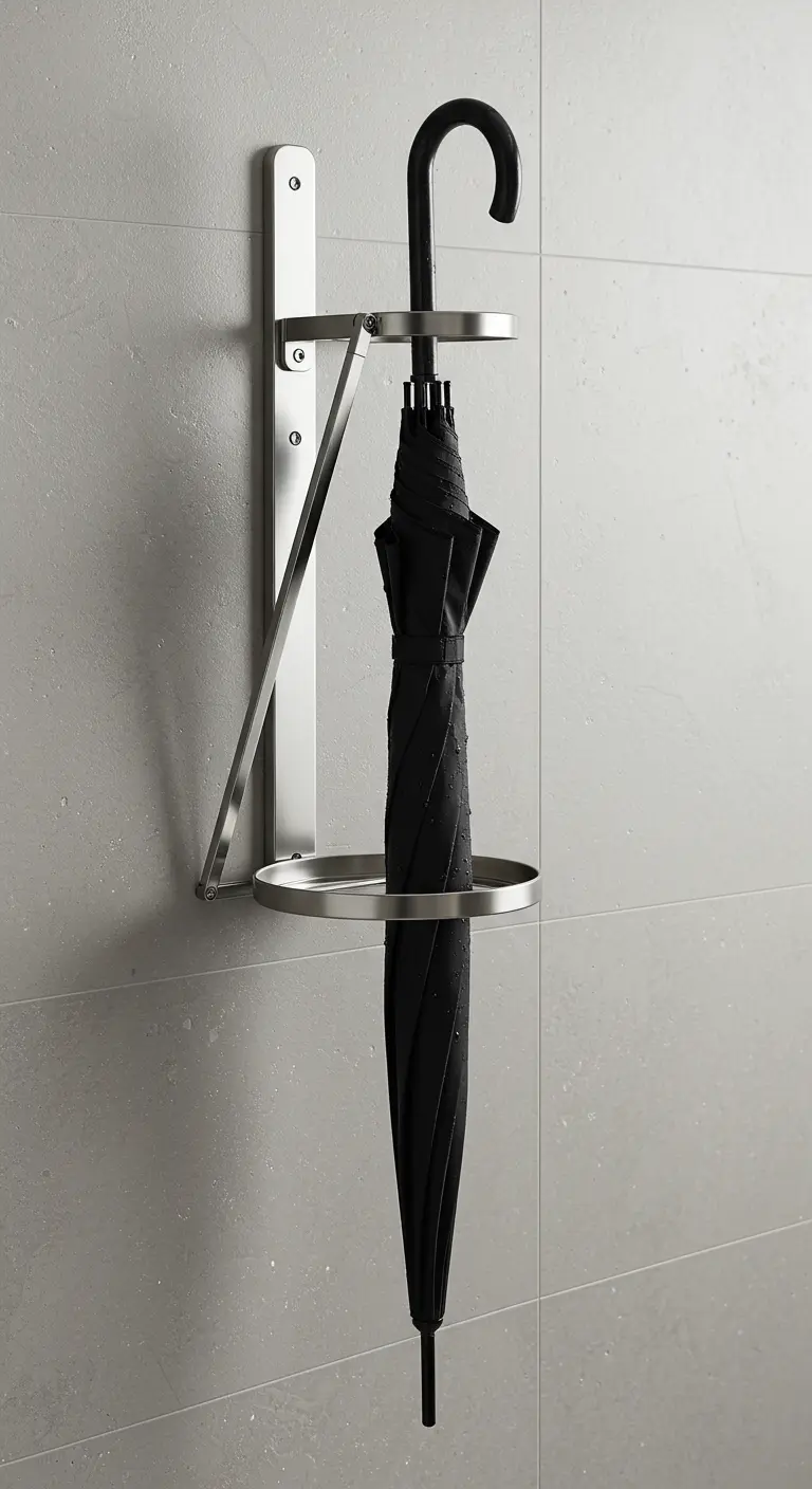 Paragüero plegable de acero inoxidable montado en una pared de baldosas grises.