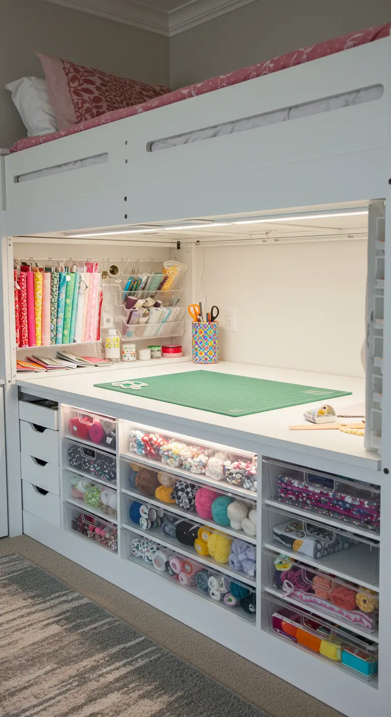 Cama alta blanca con un espacio de manualidades debajo, lleno de cajones transparentes y buena iluminación