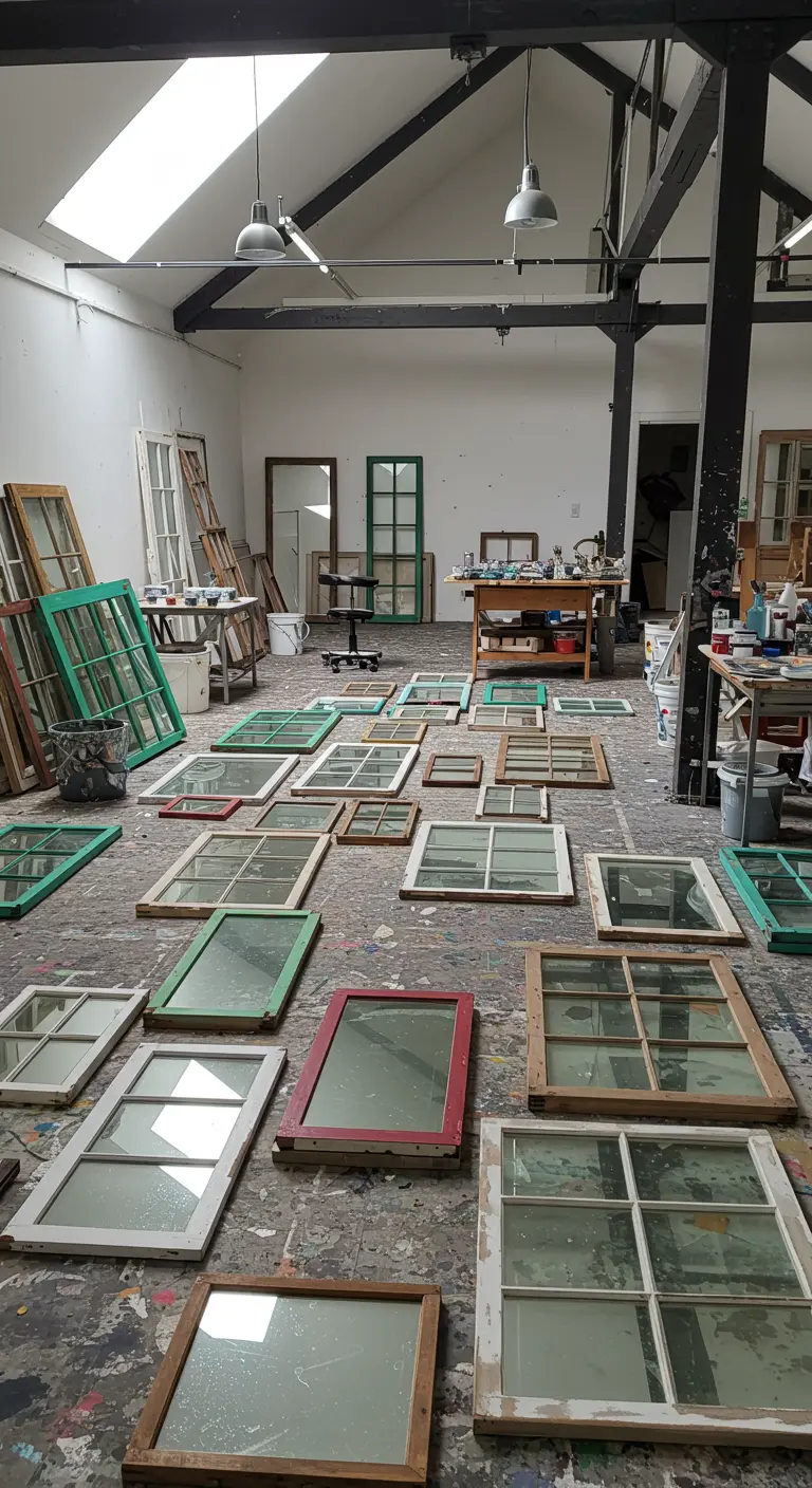 Suelo de un taller lleno de ventanas antiguas de diferentes formas y colores listas para reciclar