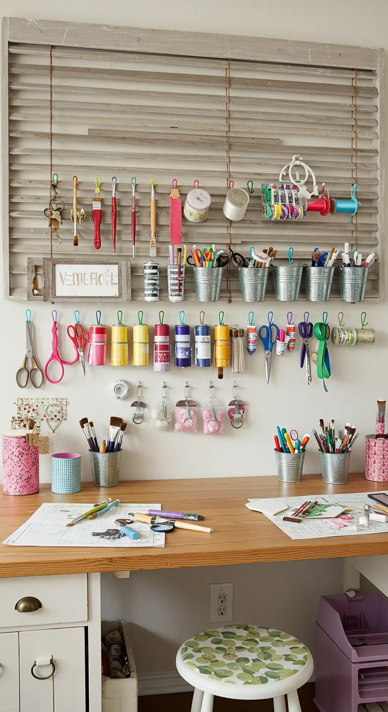 Persiana de madera reutilizada como un completo organizador de pared para material de manualidades