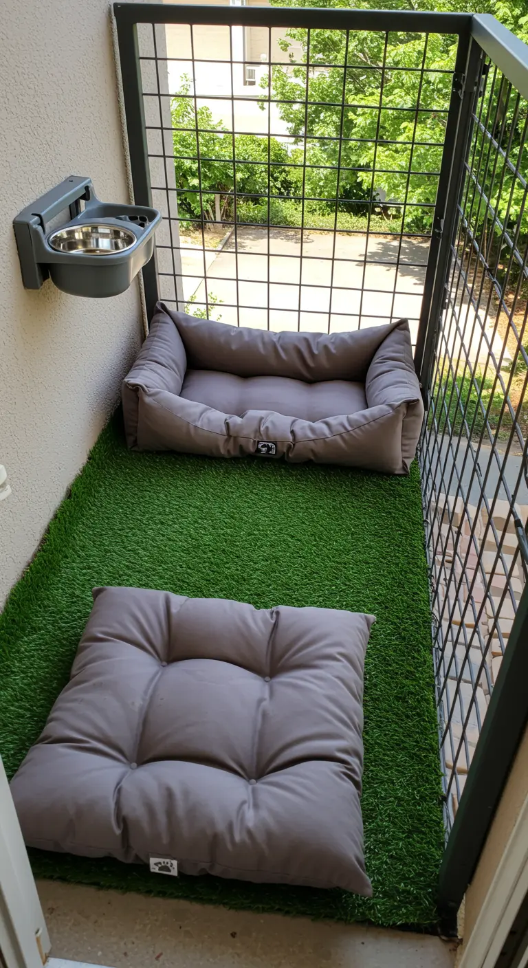Balcón para mascotas con césped artificial, una cama y un cuenco de agua.