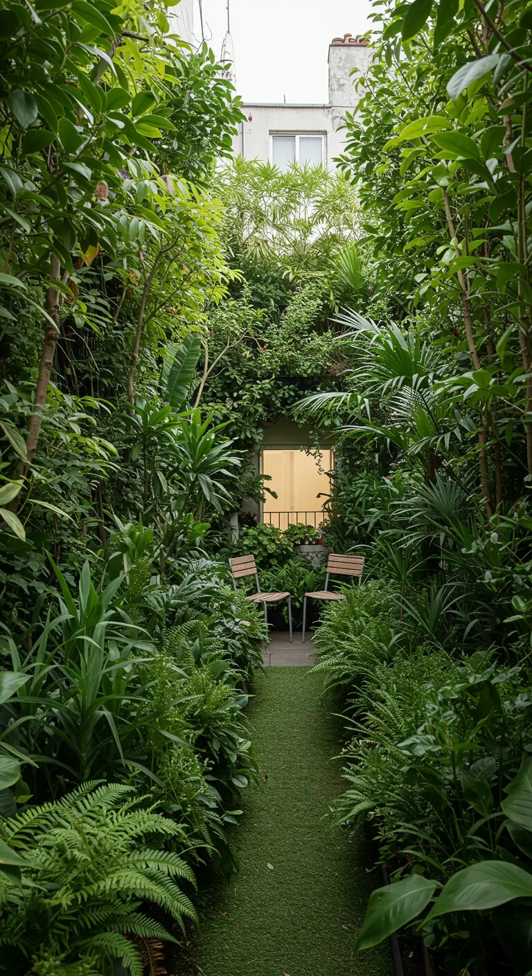 Pasillo de jardín estrecho y frondoso que lleva a una pequeña zona de descanso.