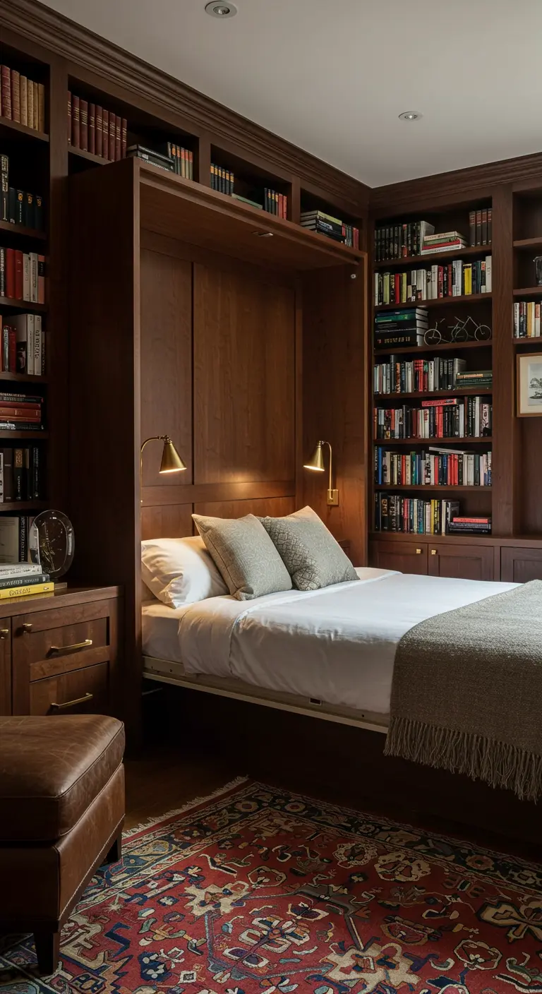Cama abatible de madera oscura integrada en una pared de estanterías con libros.