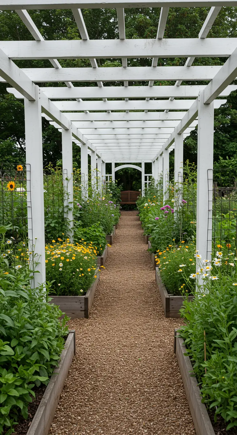 Pérgola blanca y alargada formando un pasillo, flanqueada por bancales de madera con flores silvestres.