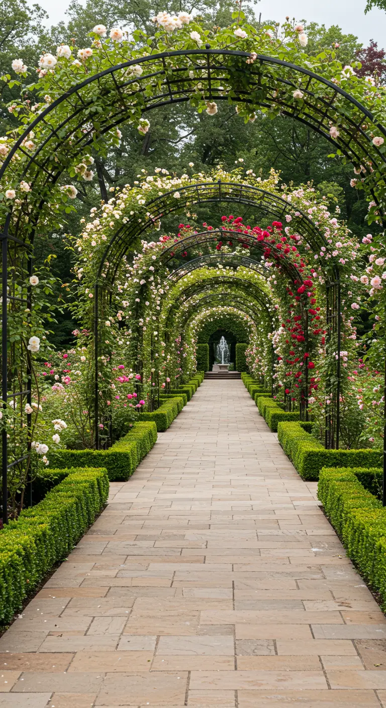 Largo pasillo de jardín con arcos de metal cubiertos de rosas y setos de boj a los lados.