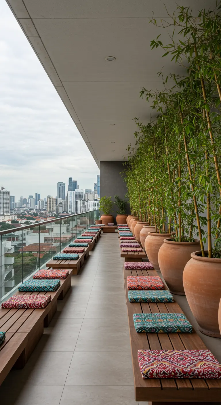 Balcón alargado con bancos de madera, cojines de colores y macetas de terracota.